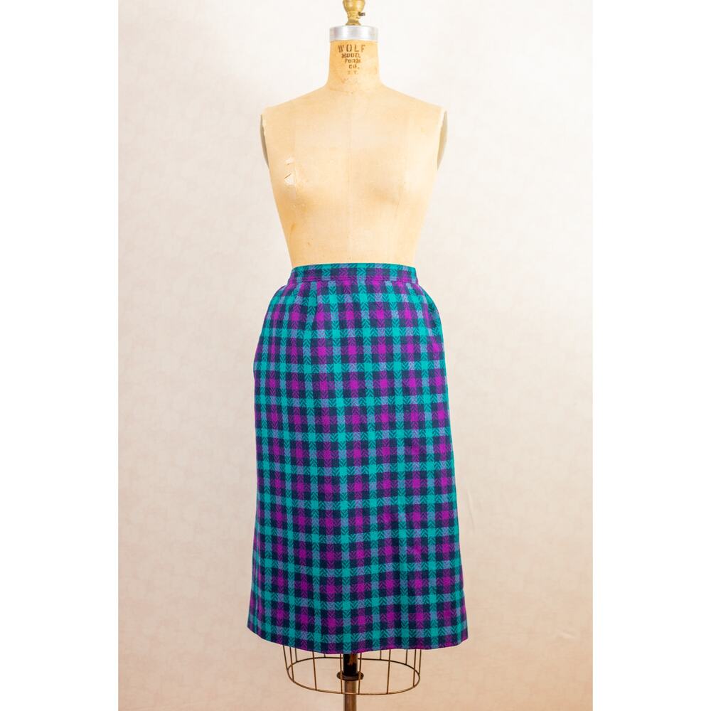 Vintage 80s Tartan Plaid Pendleton Pencil Wiggle Skirt, Purple Teal Black, Sz 16